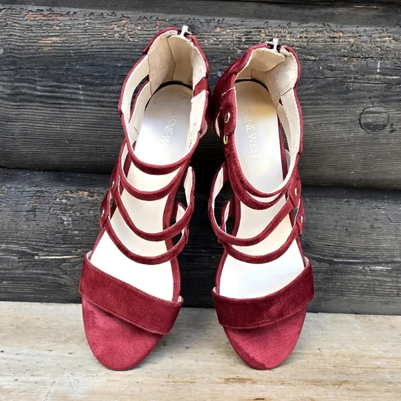 Nine West NEW!! Willison Red Wine Seude, Gold Studded Caged, Wedge Sandal. 9.5M - Picture 7 of 15